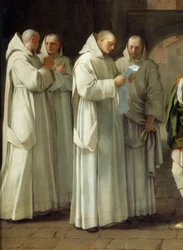 Saint Bruno (1030-1101), grunnlegger av den kartusiske orden mottar en melding fra pave Urban II (Urbano 2) (detaljer)