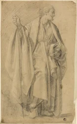 Stående drapert mannsfigur, holdestav
