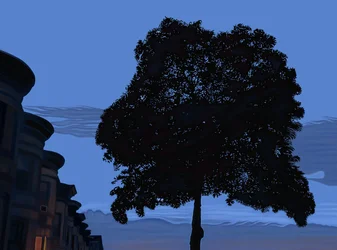 9th Street og eiketre ved daggry, 2025 (digital kunst)