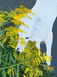 Geiteskjegg Hvit Hund og Gullris (digital kunst)