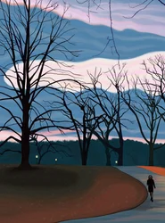 Mann trener i Prospect Park ved soloppgang og skumring. (digital kunst)