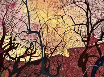 Oransje himmel, bygninger og trær om våren (digital kunst)