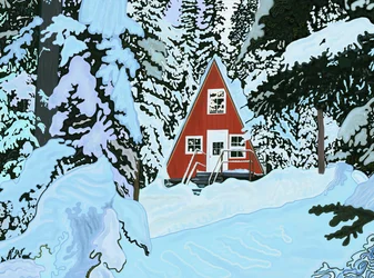 Rødt, et rammehus i snø om natten (digital kunst)