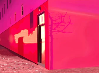 Rødt lys fra sirene og skygger av et lite tre på siden av en bygning i 12th Street på en snørik natt (digital kunst)