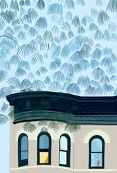 Kvinne som børster håret i vinduet, ca. 2020–24 (digital kunst)