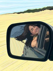 Ung kvinne sett smilende i sidespeilet av en bil som kjører på stranden (digital kunst)