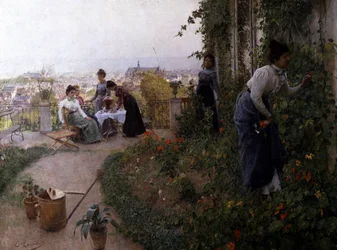 En sommerettermiddag, Liège, Belgia. Kvinner drikker te på en terrasse. En av dem plukker blomster. Maleri av Evariste Carpentier (1845–1922, belgisk). Privat samling.