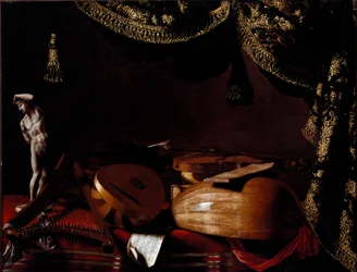 Stilleben med musikkinstrumenter Maleri av Evarista Baschenis (1617-1677) 1600-tallet. Bergamo, Accademia Carrara, Italia