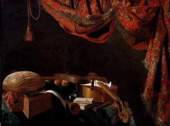 Stilleben med musikkinstrumenter og bøker Maleri av Evaristo Baschenis