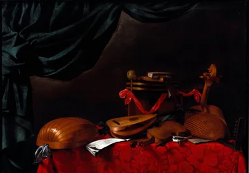 Stilleben med musikkinstrumenter og en pære Maleri av Evarista Baschenis (1617-1677) 1600-tallet. Bergamo, Accademia Carrara, Italia