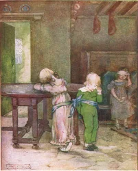 Hun tok det blå lommetørkleet hans og bandt Lucy og Henry til bordet (fra historien An Unhappy Day), illustrasjon fra A Staircase of Stories utgitt av Thomas Nelson & Sons Ltd 1940-tallet (colou