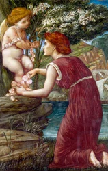 «Tilbedelsen av Amor» Ung kvinne tilber en statuett av kjærlighetsguden. Maleri av Evelyn De Morgan (1855–1919) (prerafaelitt) Privat samling