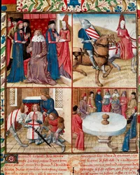 Kong Arthur holder hoff, Lancelot ledet av en dame til klosteret, mykner fra Galahad (Gaalad eller Galaad) til klosteret og ridderne av det runde bord rundt den hellige gral-manuskriptsiden "" Roman of the Knight Tristan og Queen Yseult" av Gassien de P