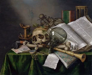 Vanitas - Stilleben med bøker, manuskripter og en hodeskalle