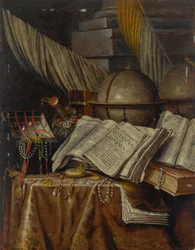 Vanitas-stilleben med en globus, bøker og en eske med juveler, alt hvilende på et drapert bord