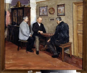 Draftspillerne. Maleri av Evgeni Iosifovich Bukovetsky (1866-1948). Olje på lerret, 71 x 80 cm