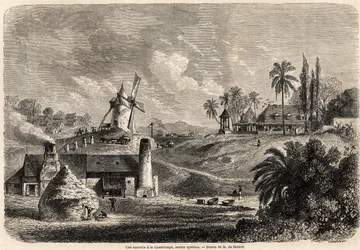 En sukkerfabrikk i Guadeloupe, tegning av Auguste de Berard (1824-1881), for å illustrere reisene til Vestindia, i 1858-1859, av Anthony Trollope (1815-1882). Gravering i "" Le tour du monde, nouveau journal des voyages"" Paris