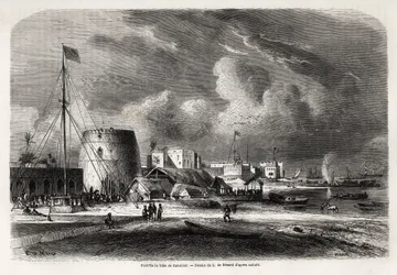 Havnen i byen Zanzibar (dagens Tanzania), tegning av Evremond de Berard (1824-1881), for å illustrere kaptein Burtons reise til de store innsjøene i Øst-Afrika i 1857-1859. Gravering i "" Le tour du monde, nouveau journal des voyages"" Paris