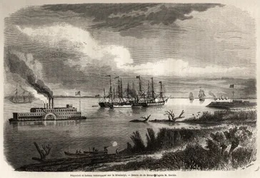 Skip og slepebåt på Mississippi, tegning av Evremond Auguste de Berard (1824-1881), for å illustrere reisen til New Orleans i 1855 av Elysee (Elisee) Reclus (1830-1905). Gravering i "" Le tour du monde, nouveau journal des voyages"" Paris