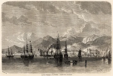 Spanias havn, i Trinidad (Trinidad og Tobago), tegning av Evremond Auguste de Berard (1824-1881), for å illustrere reisene til Vestindia, i 1858-1859, av Anthony Trollope (1815-1882). Gravering i "" Le tour du monde, nouveau journal des voya