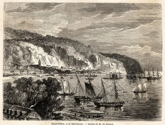 Utsikt over Saint Pierre, på Martinique, tegning av Auguste de Berard (1824-1881), for å illustrere reisene til Vestindia, i 1858-1859, av Anthony Trollope (1815-1882). Gravering i "" Around the world, new travel journal "" Paris