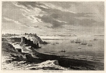 Utsikt over Tangier (Marokko), tegning av Evremond de Berard (1824-1881), for å illustrere M.F.Schicklers reisenotater til Marokko. Gravering i "" Le tour du monde, nouveau journal des voyages"" Paris