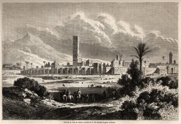 Utsikt over byen Marrakech (tidligere Marokko), tegning av Auguste de Berard (1824-1881), for å illustrere Mr.F. Schicklers reise til Marokko i 1860. Gravering i "" Le tour du monde, nouveau journal des voyages"" Paris