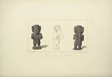Aztec Idols in Basalt, illustrasjon fra 'Views of the Cordilleras and Monuments of the Native Peoples of America' av Alexander von Humboldt og Aime Bonpland