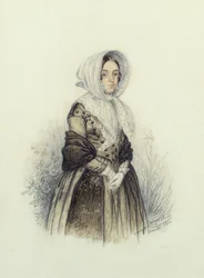 Portrett av en ung dame i en panser med hvite hansker, 1840 (wc og blyant på papir)