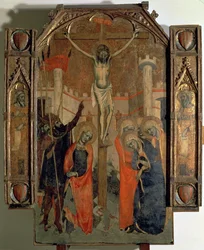 Korsfestelsen, øvre del av sentralpanelet til den store altertavlen til Almudaina, fullført i 1358 (tempera på panel)