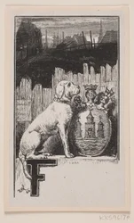 Initial vignett."F" med hund og Københavns våpenskjold