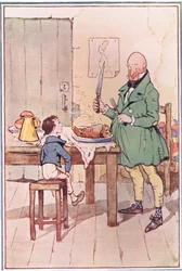 David spiste middag med Mr MiCawber i fengselet, illustrasjon fra David Copperfield, 1914