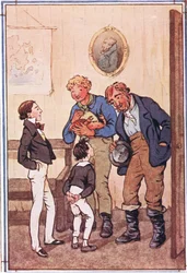 Mr. Peggotty tok to fantastiske hummere og en enorm krabbe og en stor lerretspose med reker opp av lommene, illustrasjon fra David Copperfield, 1914