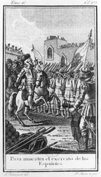 Hernando Cortes (1485-1547) Gjennomgår troppene sine, gravert av Antonio Rodriquez