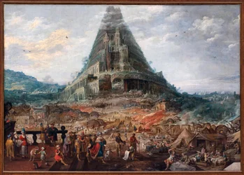 Babel-tårnet. Maleri av Joos de Momper II (1564-1635), figurer tilskrevet Frans Francken II (1581-1642), olje på tre. Flamsk kunst 1600-tallet. Royal Museum of Fine Arts of Belgium, Brussel.