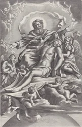 Den hellige treenighet, med den døde Kristus i sentrum omgitt av engler, Gud Faderen, ..., 1650-90.
