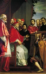 Michelangelo presenterer modell for bygging av Rota-domstolen i Giulia-gaten for pave Julius III
