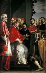 Michelangelo presenterer modell for bygging av Rota-domstolen i Giulia-gaten for pave Julius III