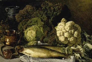 Stilleben med grønnsaker og fisk