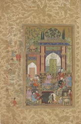 Babur mottar en hoffmann, løsrevet folio fra en spredt kopi av Baburnama (Tuzuk-i Baburi) av Zahir-al-Din Muhammad Babur, ca. 1580-85 (wc, blekk og gull på papir)