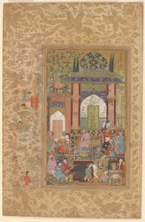 Babur mottar en hoffmann, ca. 1580–85 (akvarell og gull på papir)
