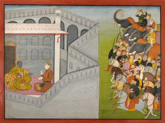 The Siege of Mathura av Jarasandha fra serien Guler-Basholi quot;Bhagavata Puranaquot;