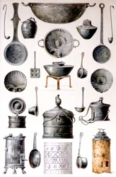 Reproduksjon av kokeutstyr, fra The Houses and Monuments of Pompeii, av Fausto og Felice Niccolini, bind IV, supplement, plate XVII