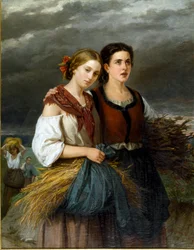Åkrenes tilbakekomst To unge bønder med hvetekolber i forkleet står sammen. Maleri av Federica Giuliano Gervasoni (1838-1915) 1863 Søn. 135x105 cm Genes Nervi, Galleria d