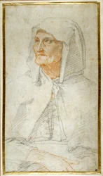 En gammel dame sittende, halvlang (farget kritt på papir)