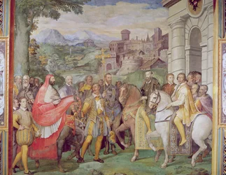 Charles V (1500-58) med Alessandro Farnese (1546-92) i Worms, fra 'Sala dei Fasti Farnese' (Hall of the Splendors of the Farnese), 1557-66 (se 95812)