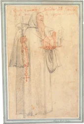 Fra Stefano, prokurator for kamaldolittene i Vallombrosa, som Saint Romuald, med en modell av en kirke og en rosenkrans, 1577