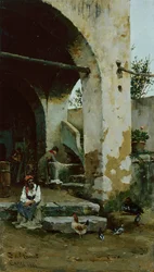 Farmyard Scene (olje på panel)