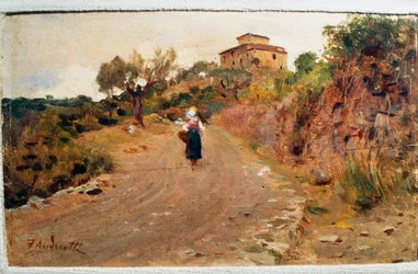 Bonde på gaten, ca 1900, av Federico Andreotti (1847-1930), olje om bord, 9x15 cm, Italia