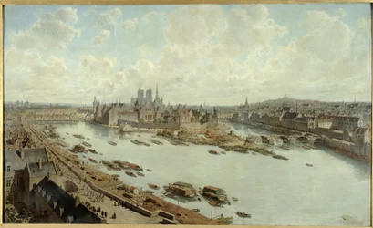 Panoramautsikt over Paris i 1588, fra hustakene i Louvre, med Pont-Neuf under bygging